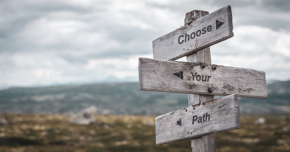 Close up of a wooden sign offering choices with a scenic background.